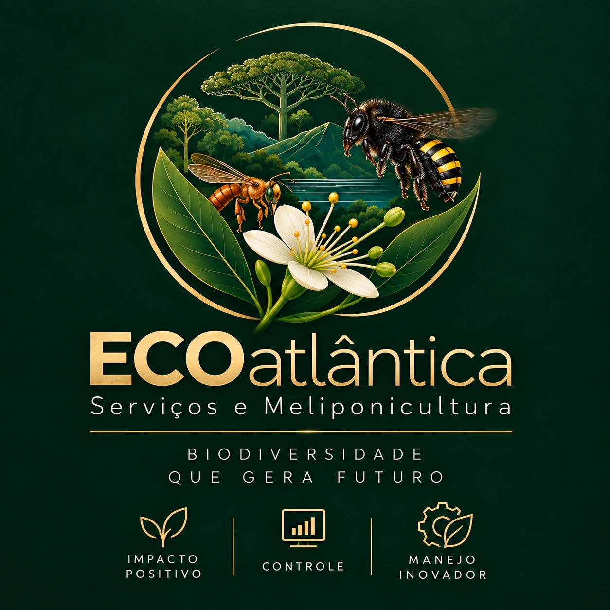 Arte oficial ECOatlântica em verde profundo e dourado, com floresta, abelhas e flor